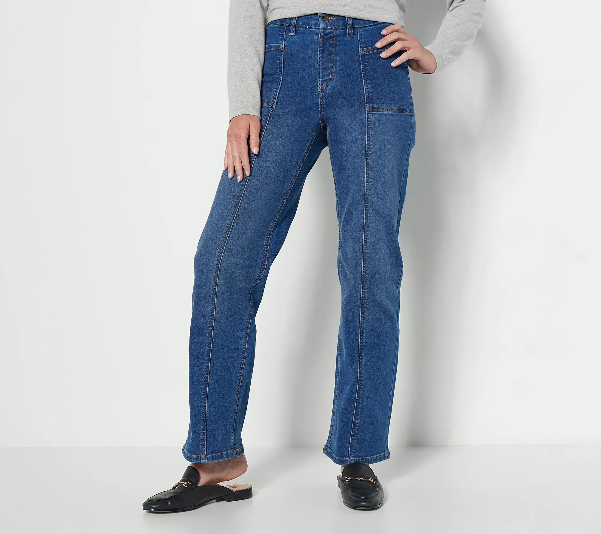 "As Is" Denim & Co. Easy Stretch Petite Wide Leg Jeans Seaming Detail