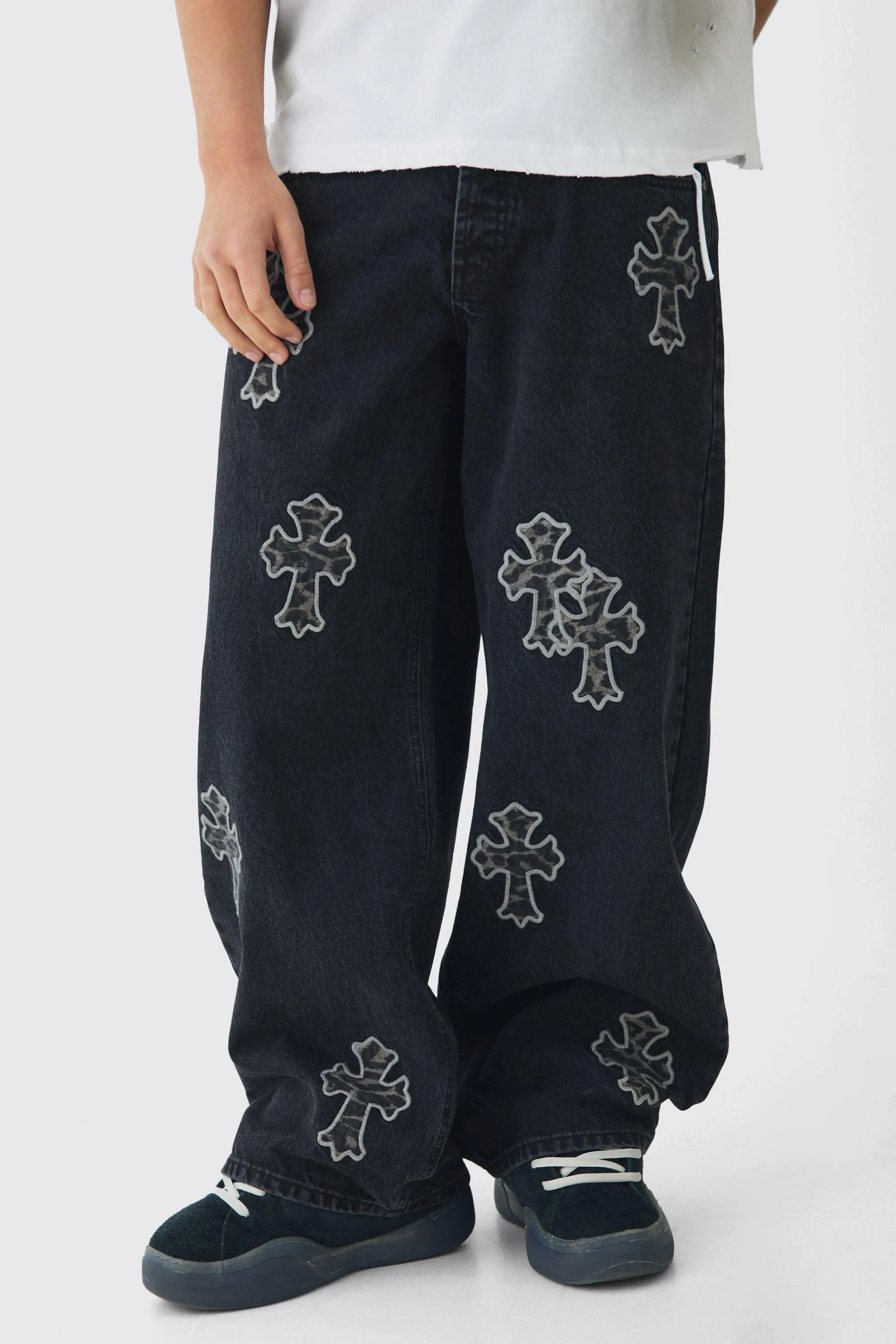 Baggy Rigid Leopard Cross Applique Denim Jeans