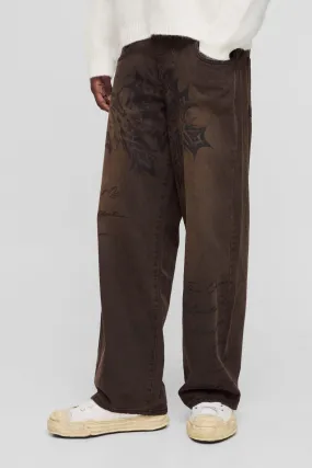 Baggy Rigid Script Gothic Printed Brown Tint Jeans