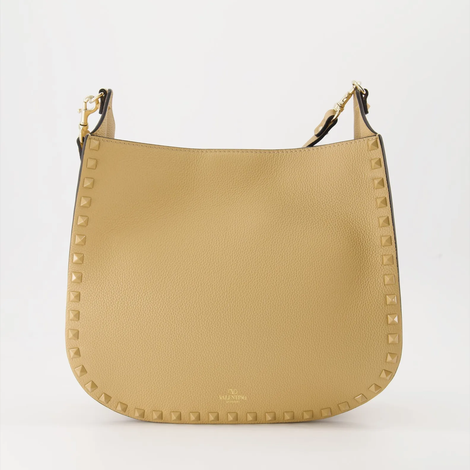 Beige Leather Hobo Bag with Rockstud Accents