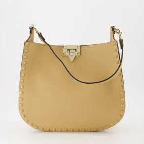 Beige Leather Hobo Bag with Rockstud Accents