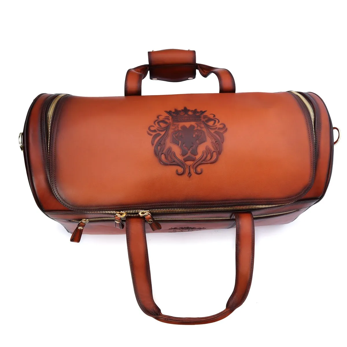 Bespoke Tan Darker Laser Scritto Multi-Pockets Smokey Finish Leather Duffle Bag By Brune & Bareskin