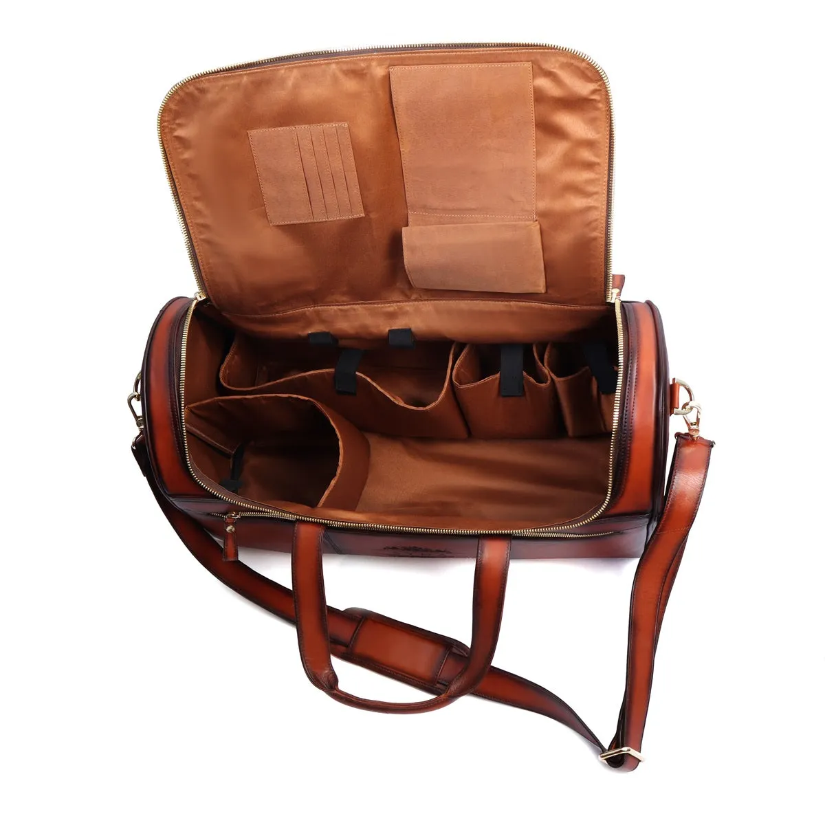 Bespoke Tan Darker Laser Scritto Multi-Pockets Smokey Finish Leather Duffle Bag By Brune & Bareskin