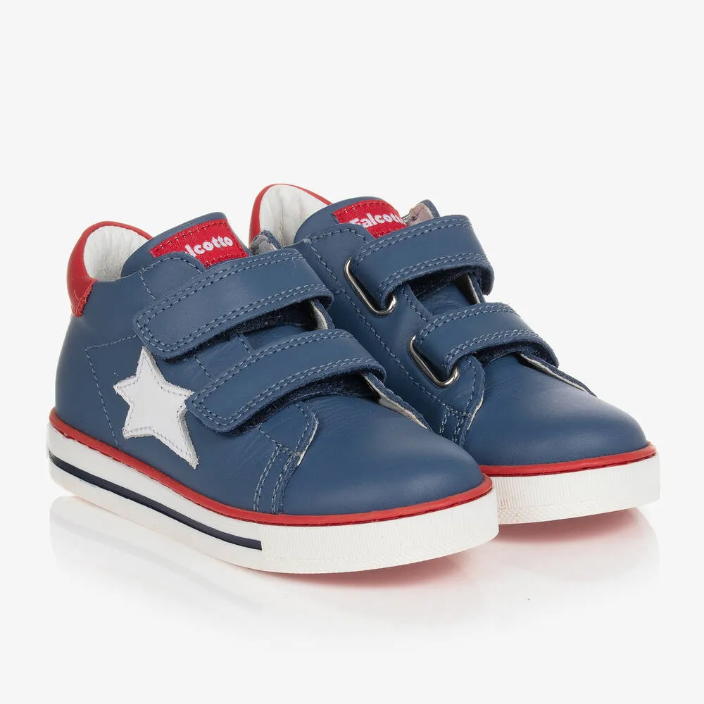 Boys Blue Leather Star Velcro Trainers