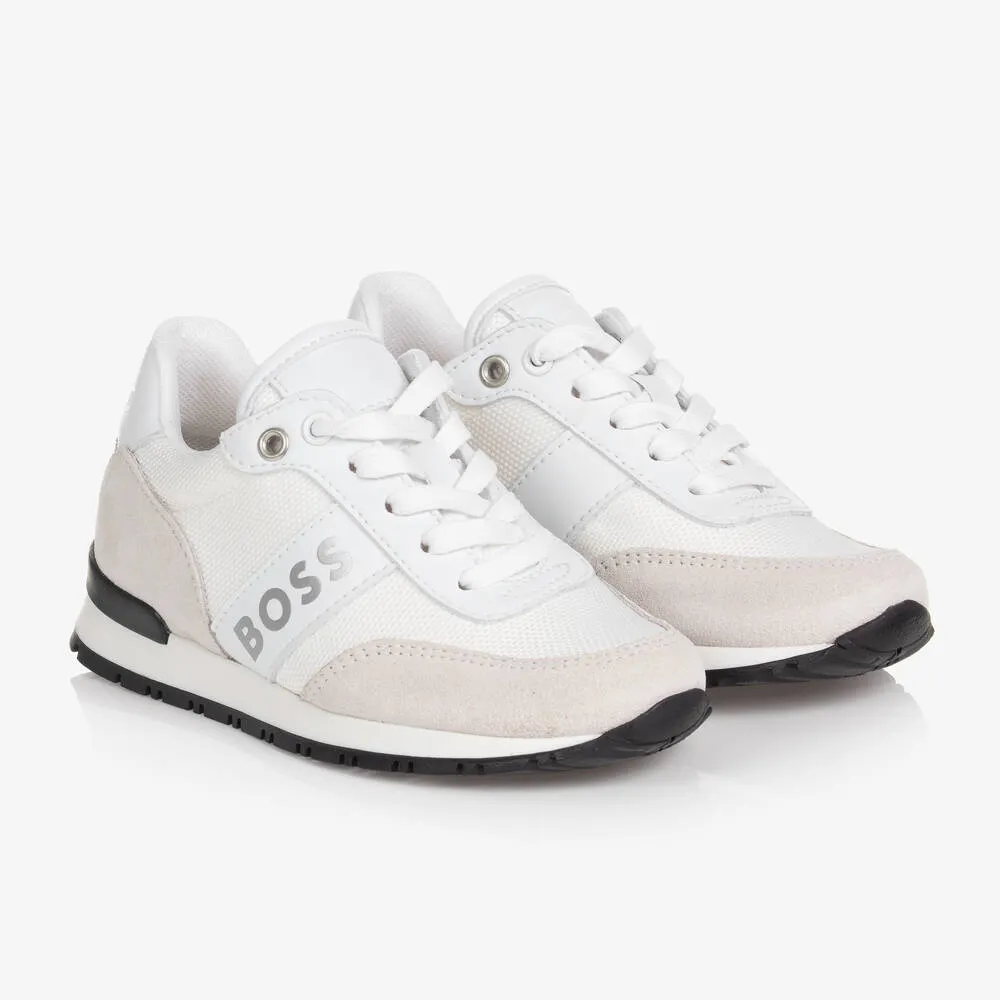 Boys White Suede Leather Logo Trainers