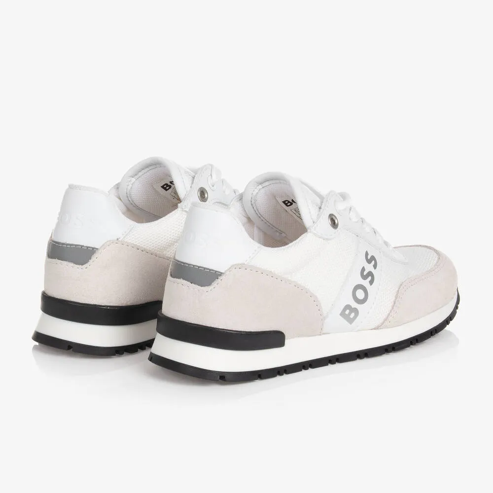 Boys White Suede Leather Logo Trainers