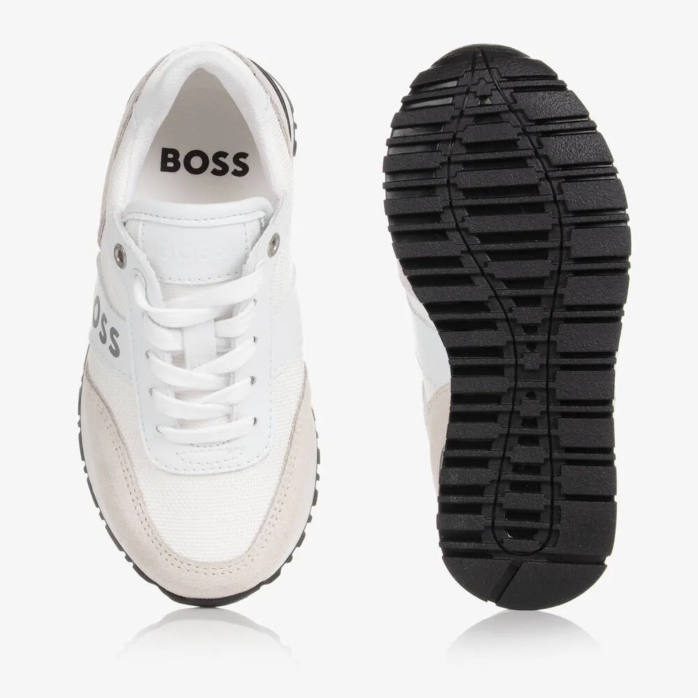 Boys White Suede Leather Logo Trainers