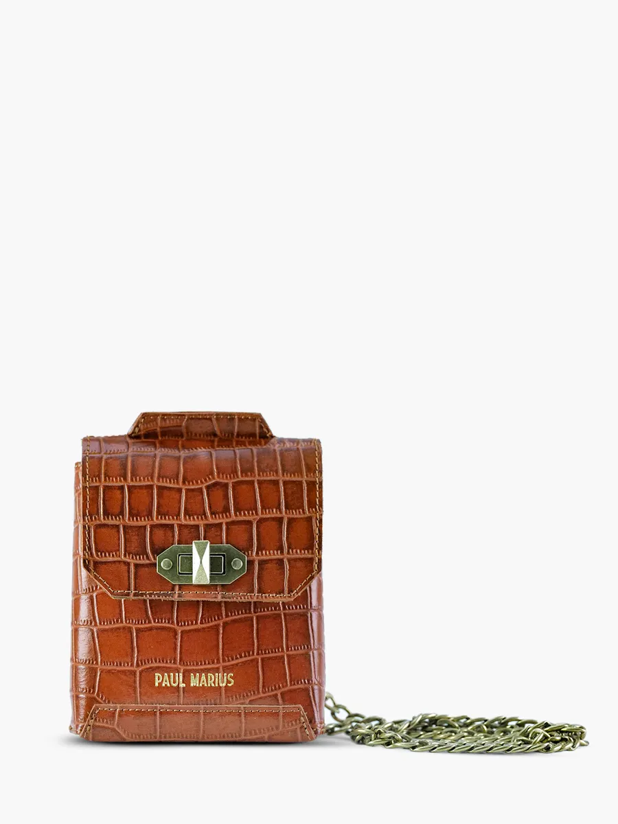 Brown Leather Phone Bag for Women - Agathe Alligator Amber | PAUL MARIUS