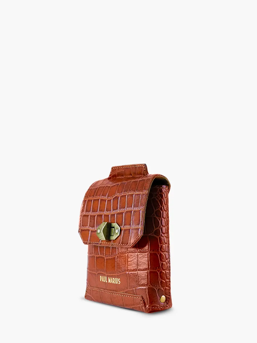 Brown Leather Phone Bag for Women - Agathe Alligator Amber | PAUL MARIUS