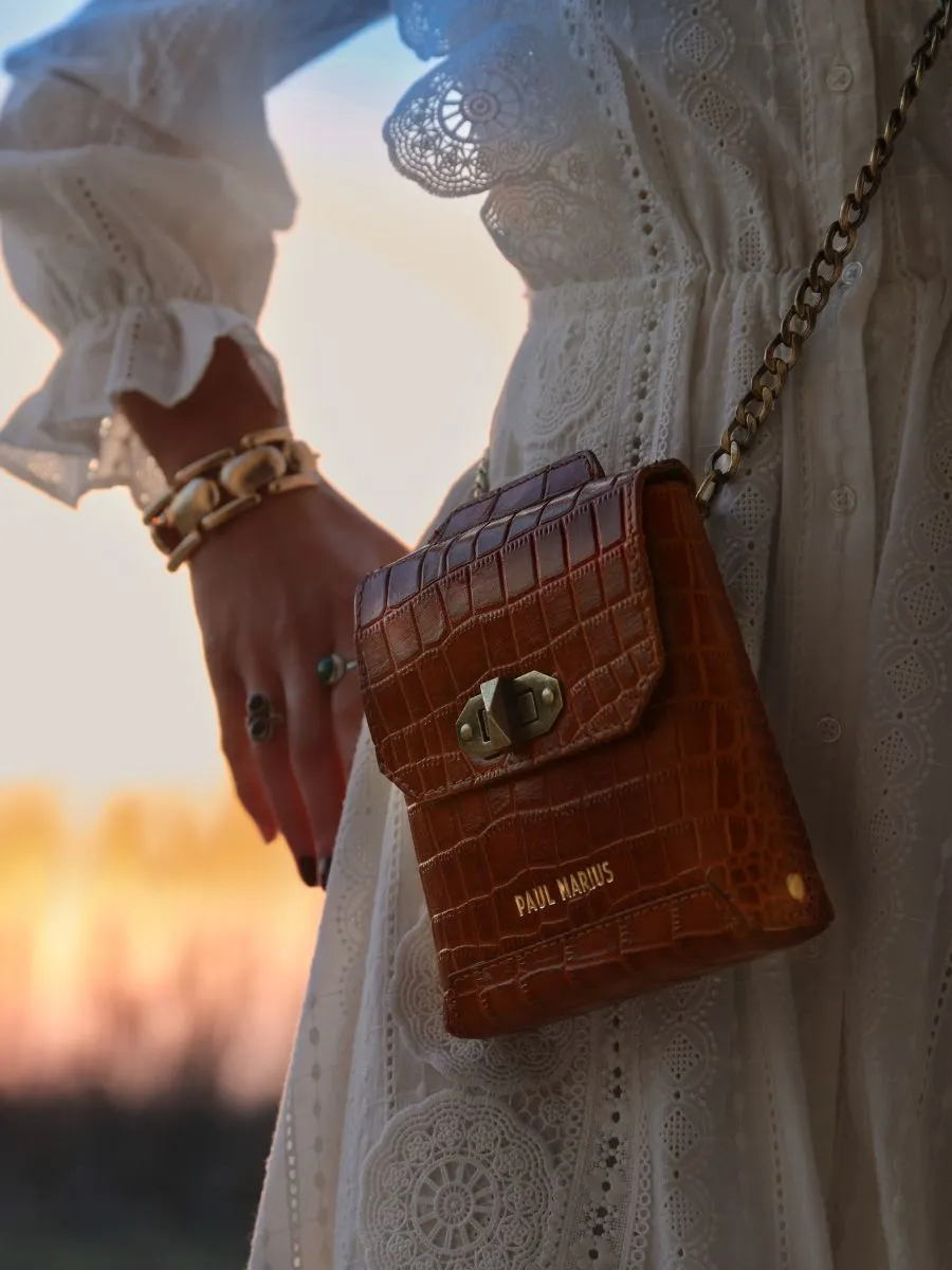 Brown Leather Phone Bag for Women - Agathe Alligator Amber | PAUL MARIUS