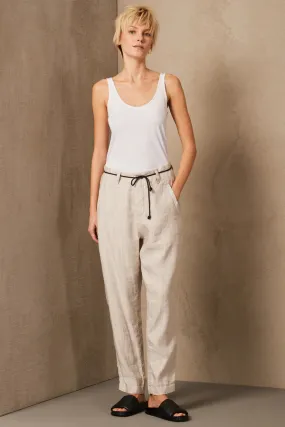 Comfort Fit Striped Linen-Blend Trousers w/ Belt - Sand