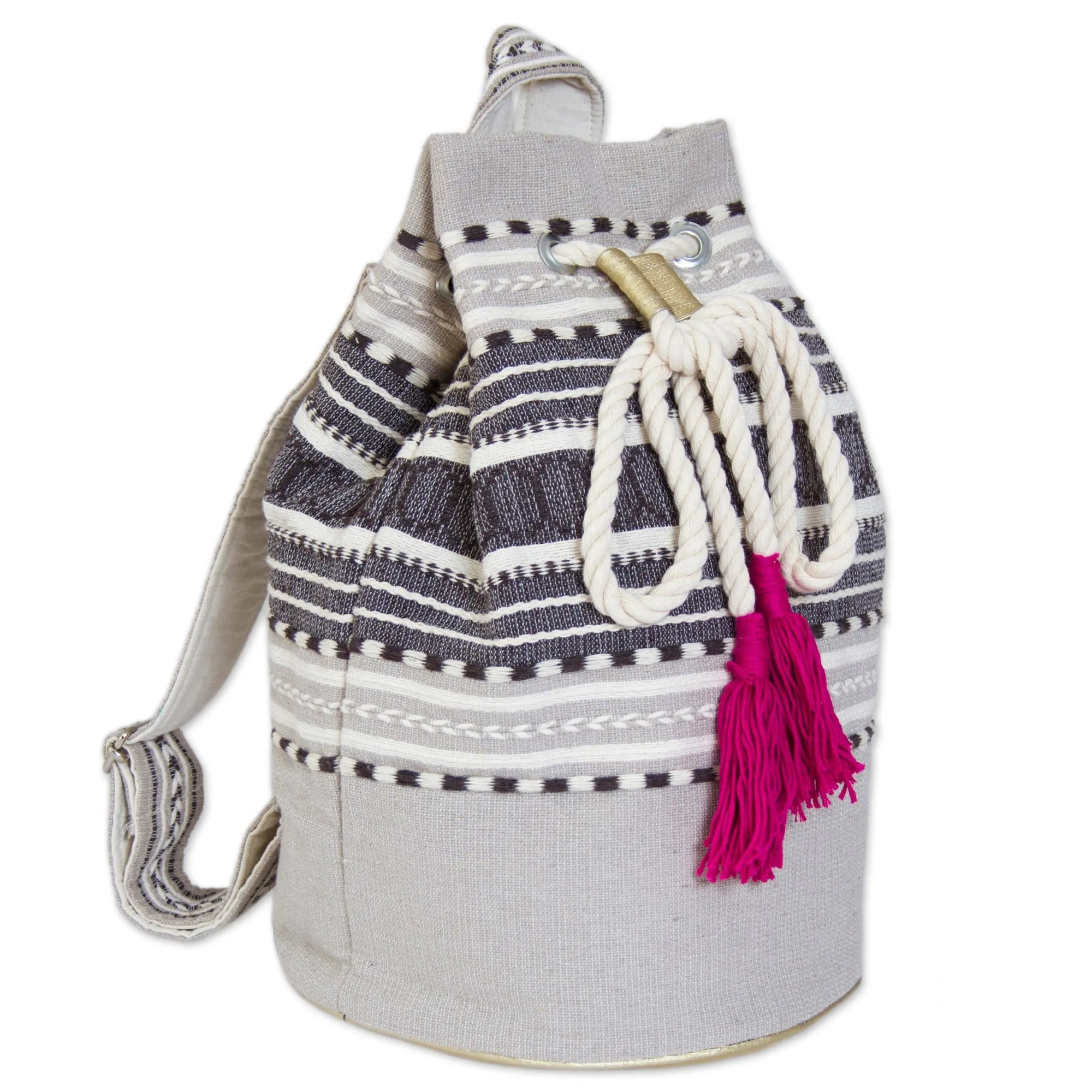 Day Trip Light Striped Drawstring Cotton Backpack Handcrafted in Mexico