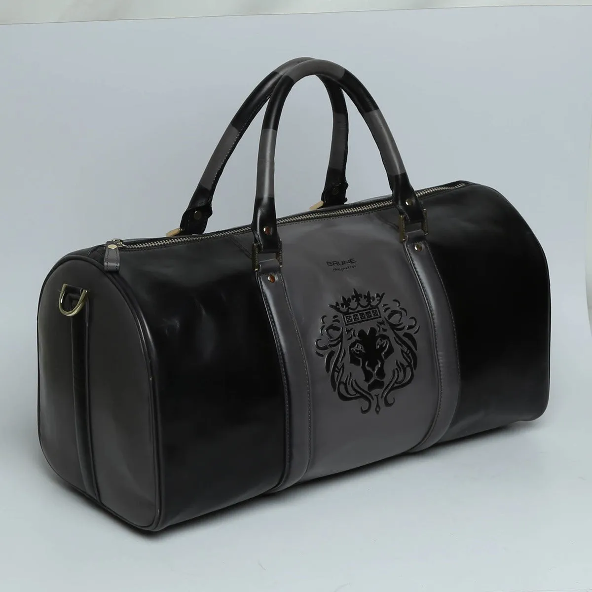 Dual Tone Black-Grey Smudged Look Leather Embossed Lion Duffle Bag By Brune & Bareskn