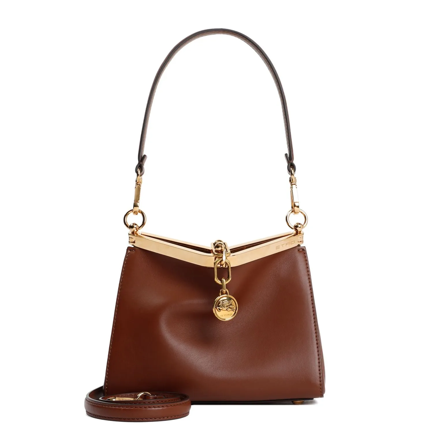 ETRO Camel Brown Leather Shoulder Handbag with Signature Pegasus Motif