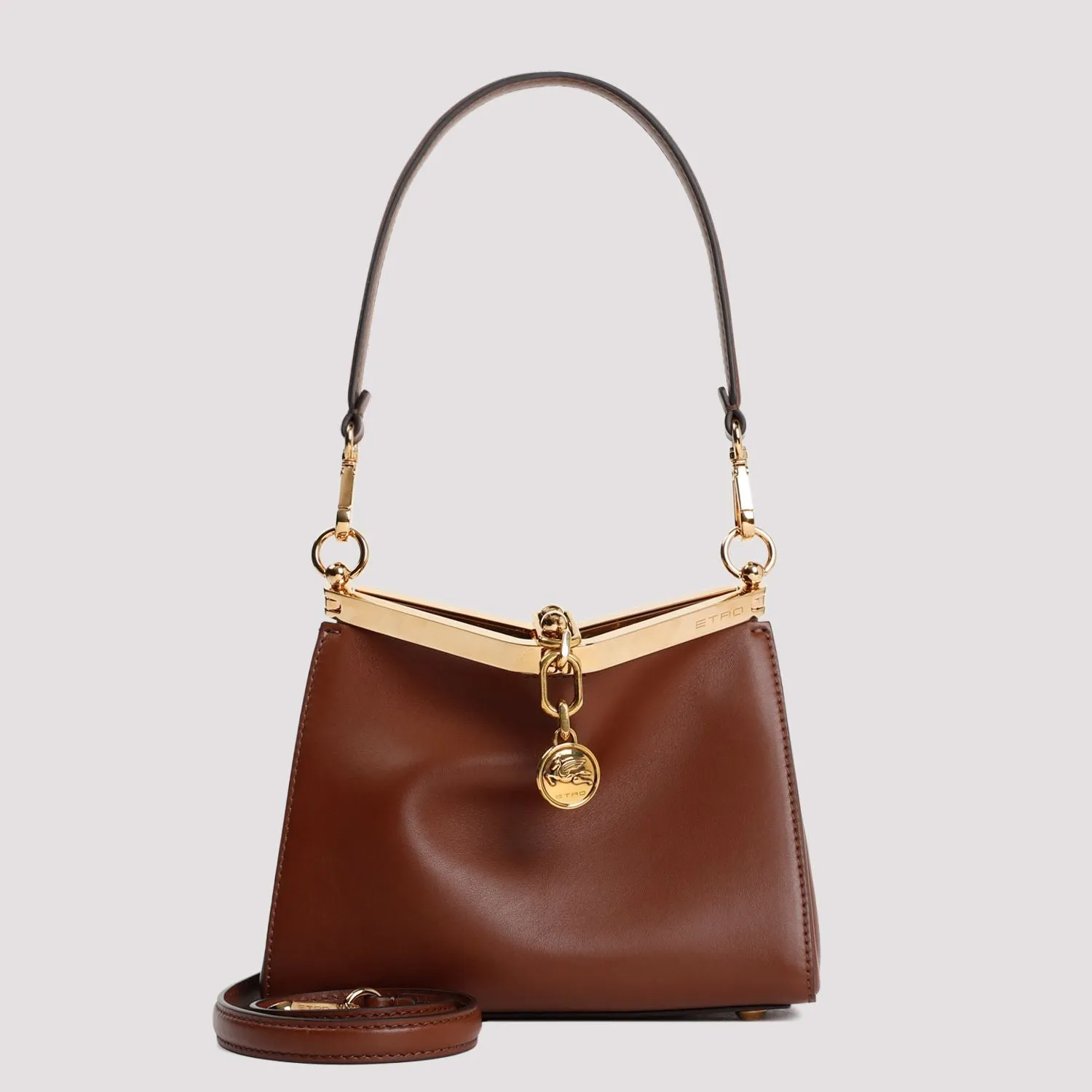 ETRO Camel Brown Leather Shoulder Handbag with Signature Pegasus Motif