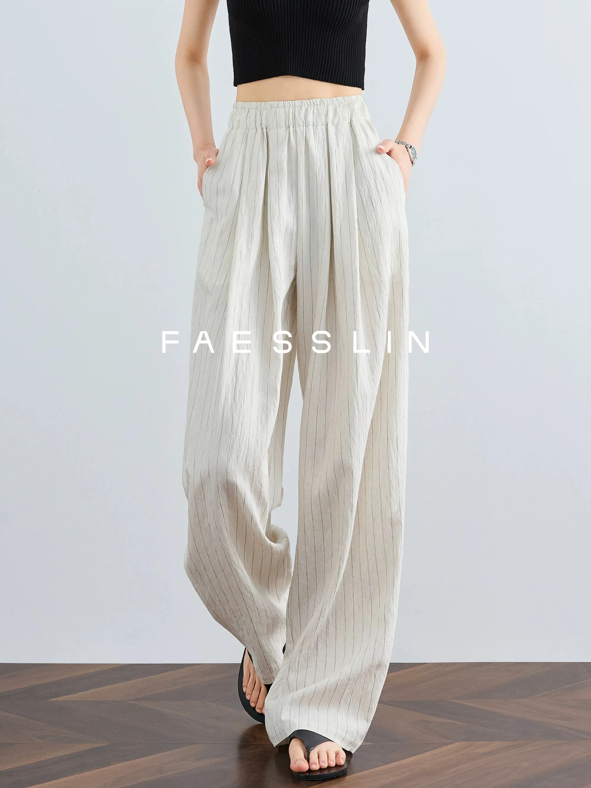 FAESSLIN [Imported from South Korea] High-end linen trousers for women, summer extended cool wide-leg pants, striped Yamamoto pa