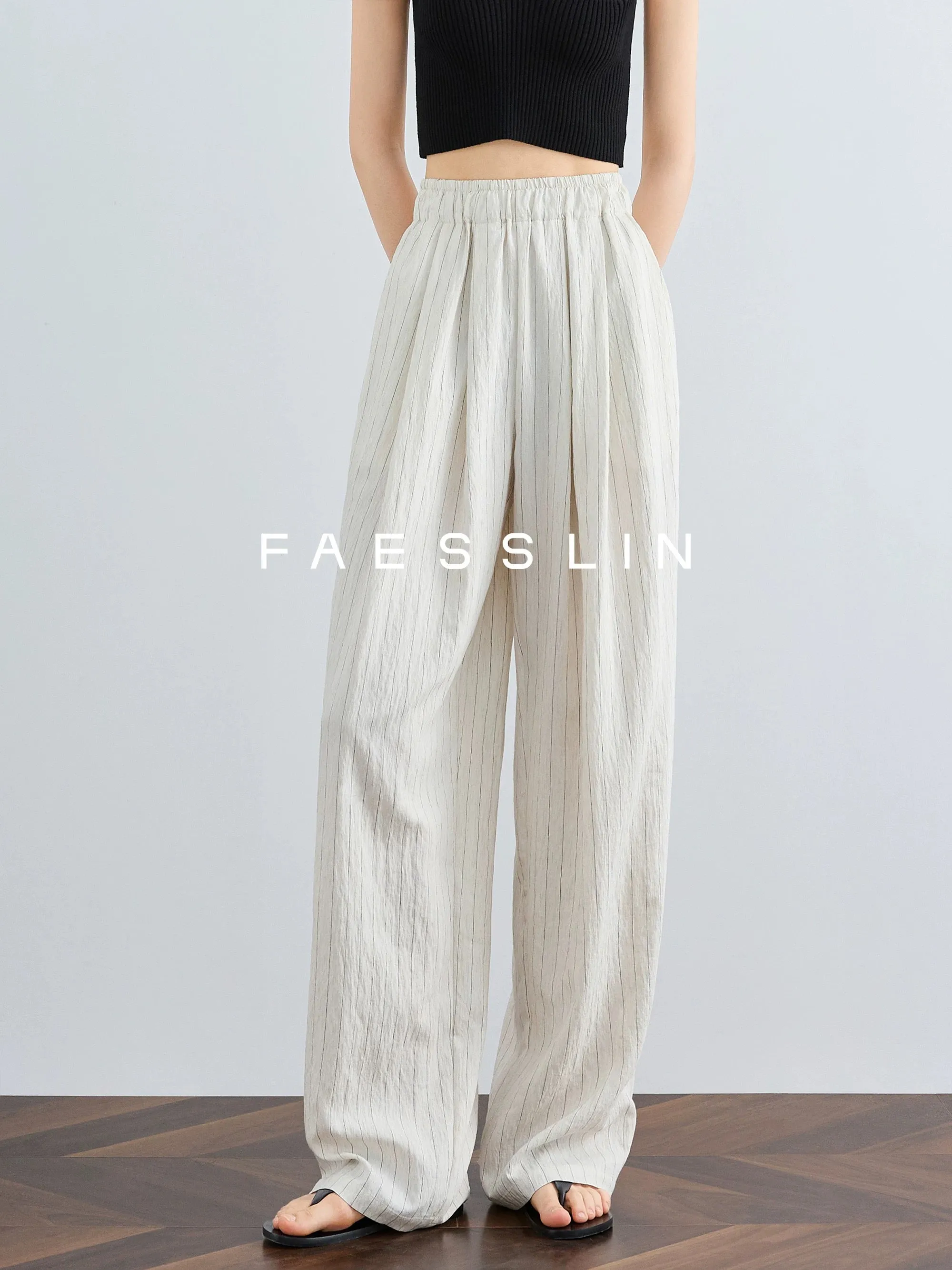 FAESSLIN [Imported from South Korea] High-end linen trousers for women, summer extended cool wide-leg pants, striped Yamamoto pa