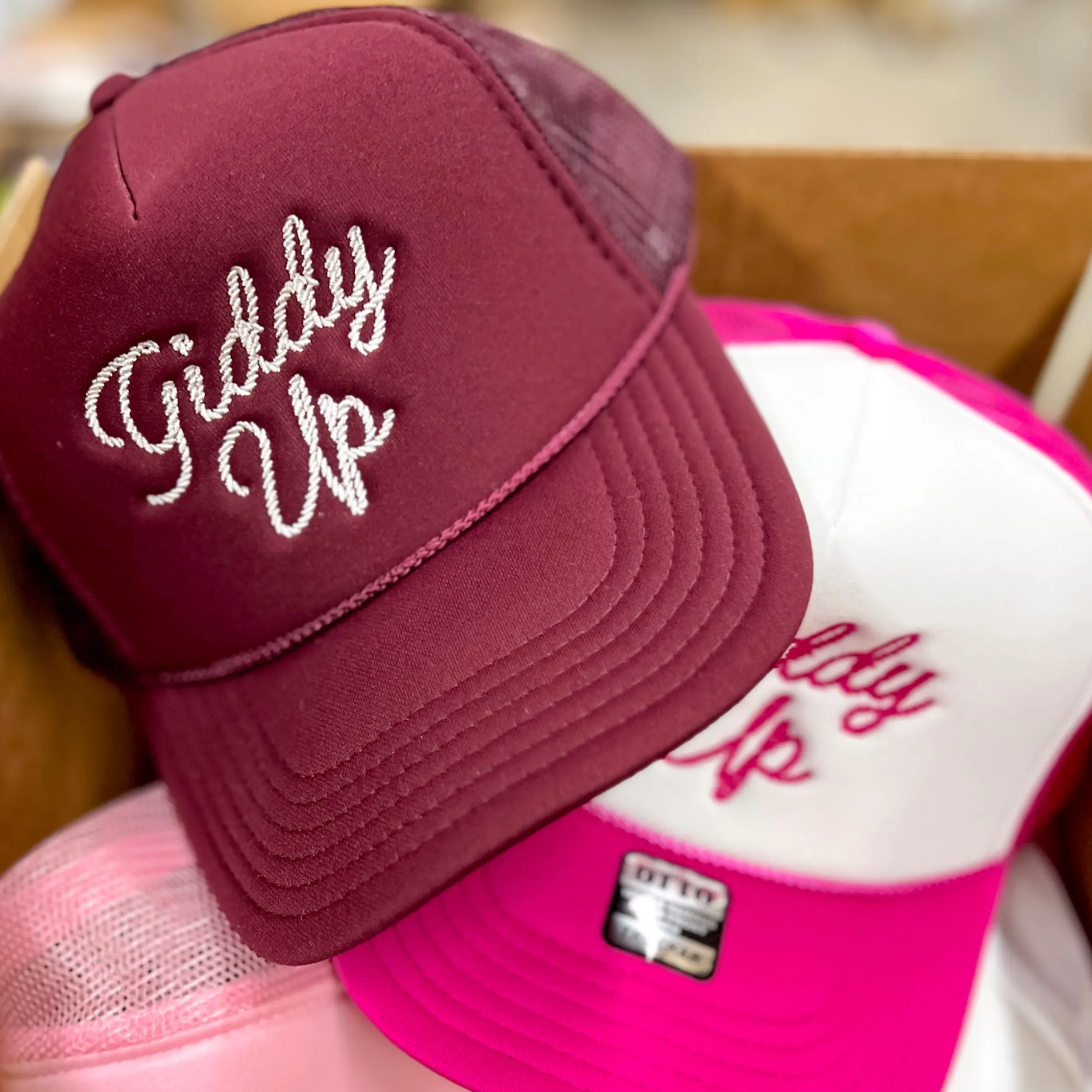 Giddy Up Foam Trucker Hat in Maroon