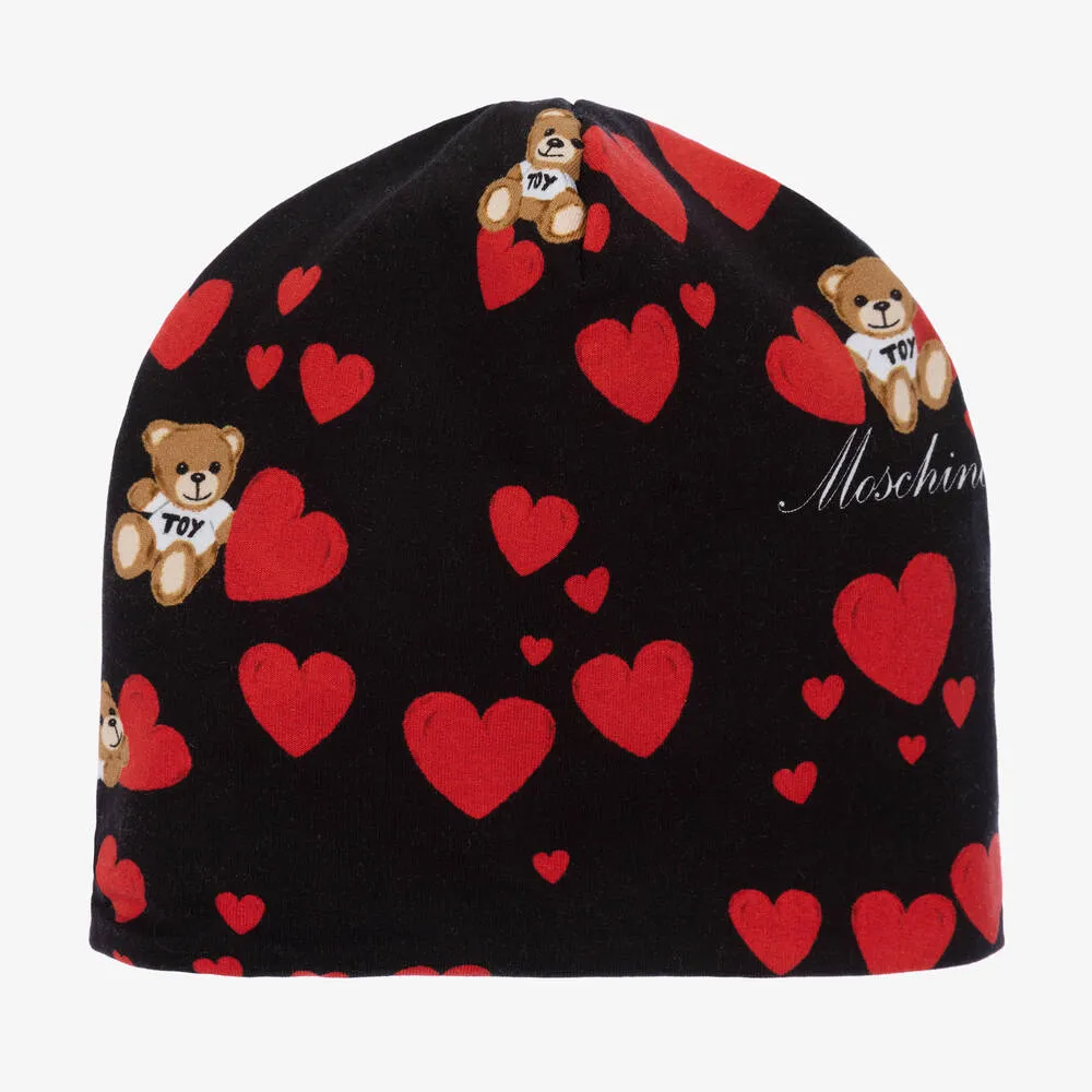 Girls Black Cotton Hearts & Teddy Hat