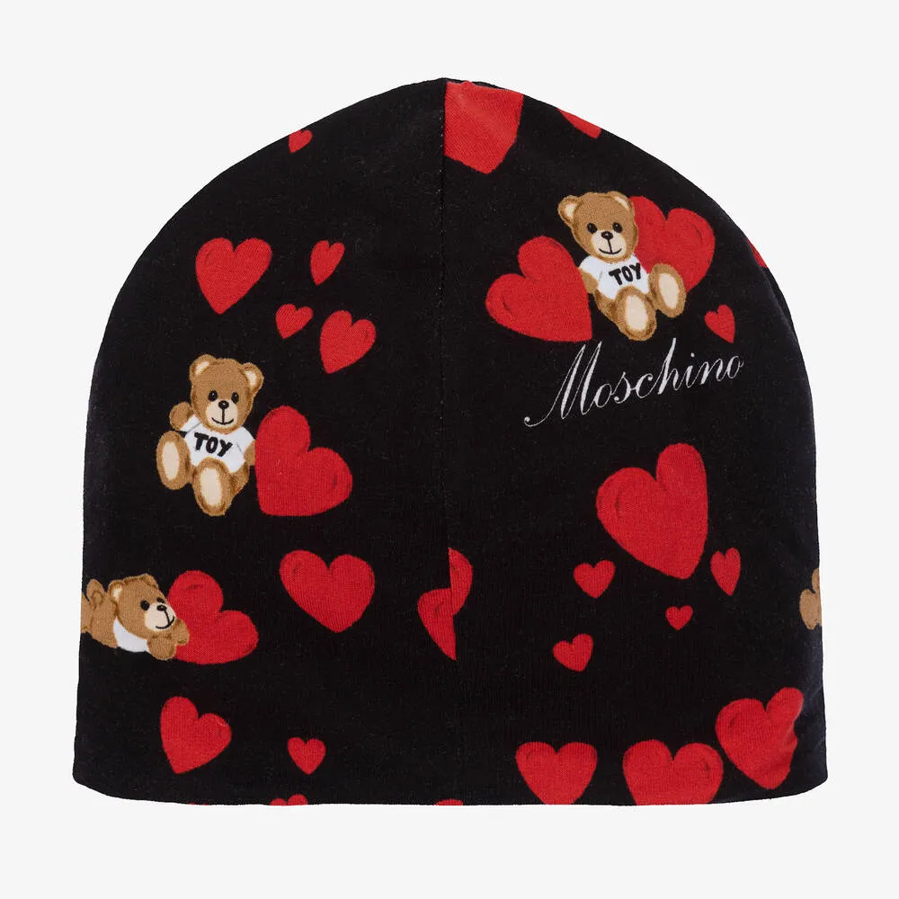 Girls Black Cotton Hearts & Teddy Hat