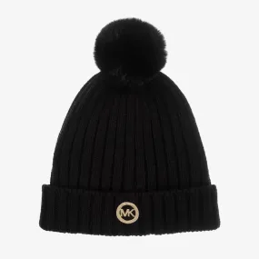 Girls Black Knit Pom-Pom Hat