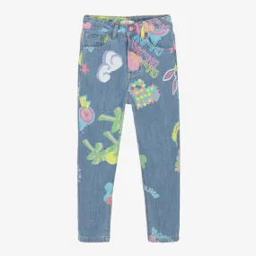 Girls Light Blue Cotton All Over Print Jeans