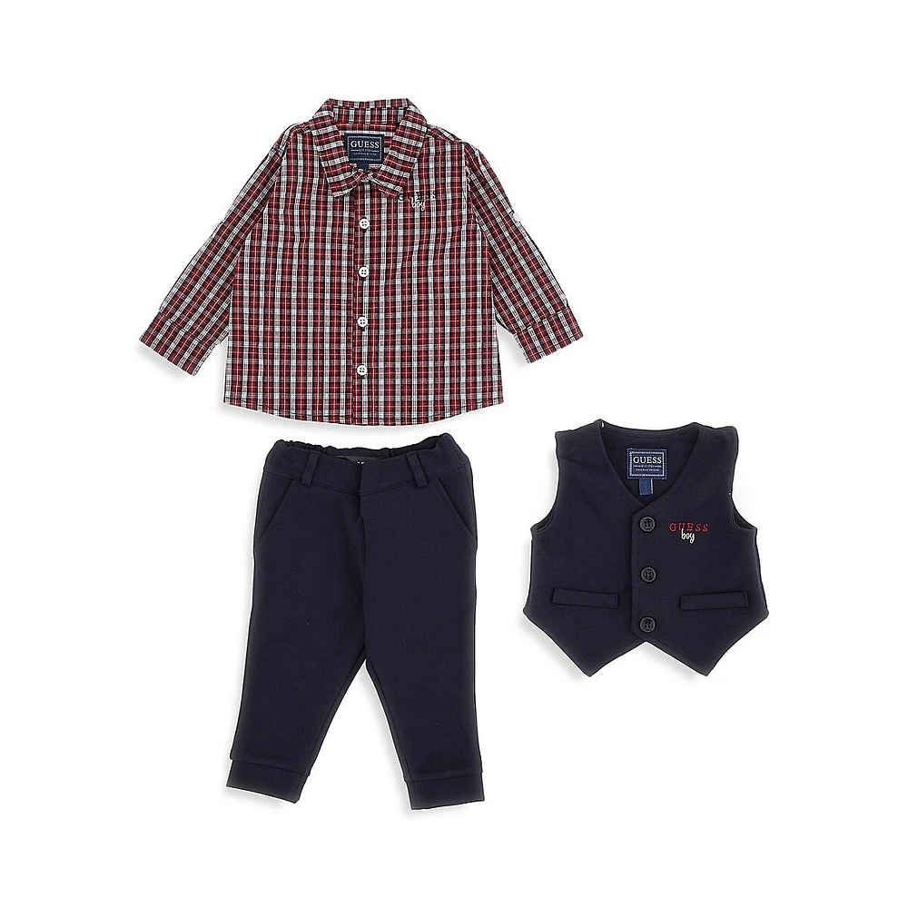 GUESS Baby Boy's 3-Piece Vest, Pants & Adjustable-Sleeve Shirt Set