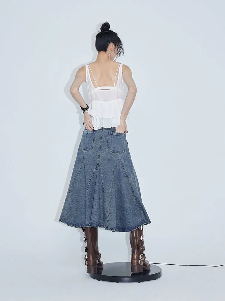 High Waist A-line Fishtail Umbrella Denim Skirt