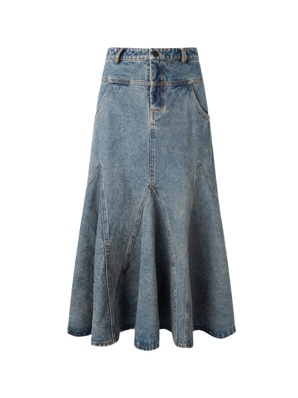 High Waist A-line Fishtail Umbrella Denim Skirt