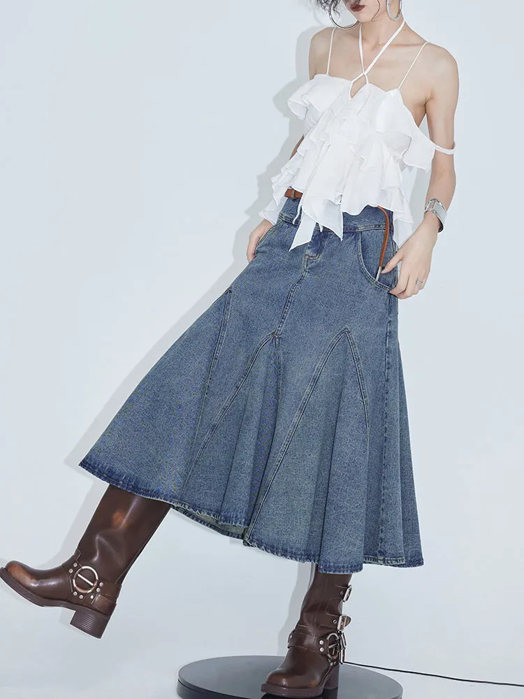 High Waist A-line Fishtail Umbrella Denim Skirt