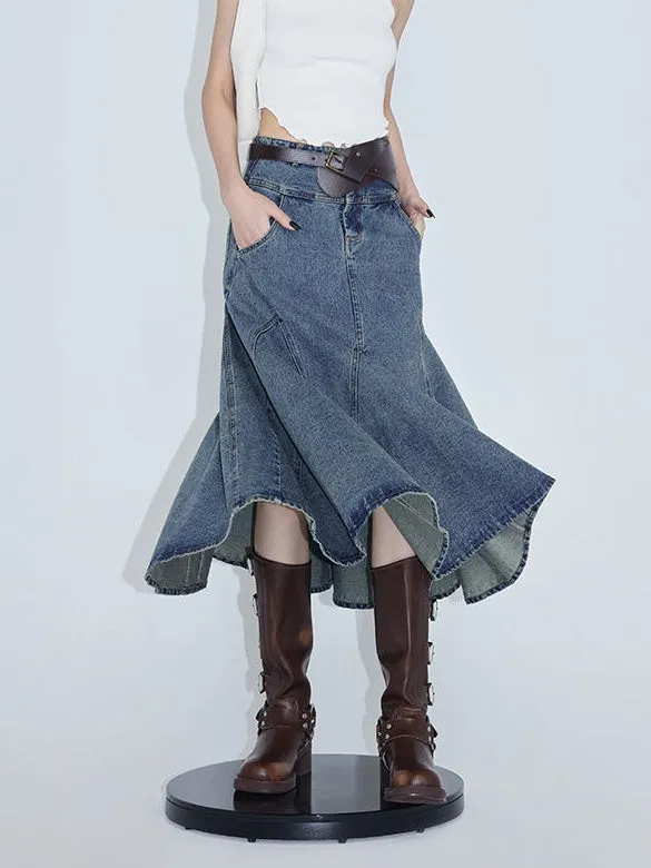 High Waist A-line Fishtail Umbrella Denim Skirt