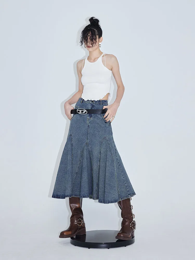 High Waist A-line Fishtail Umbrella Denim Skirt