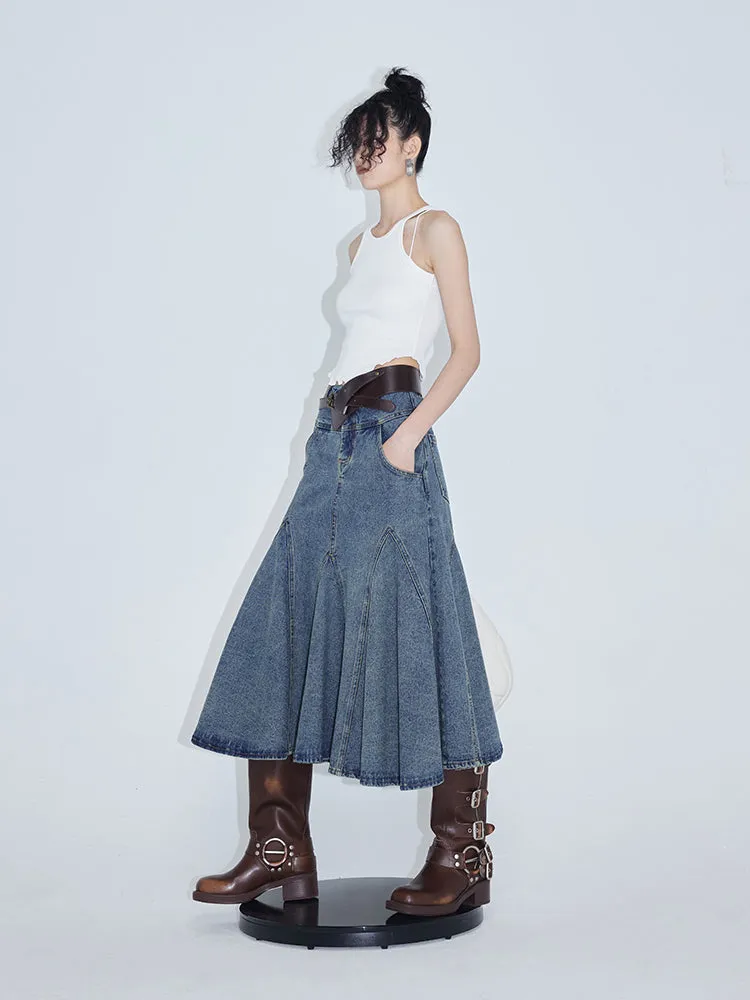 High Waist A-line Fishtail Umbrella Denim Skirt