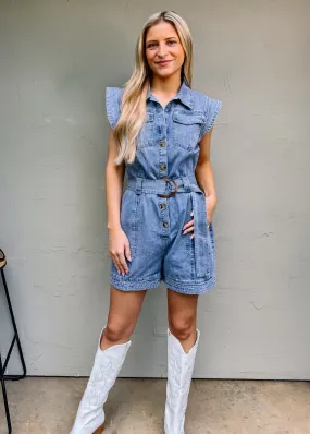 KARLIE: Denim Belted Romper