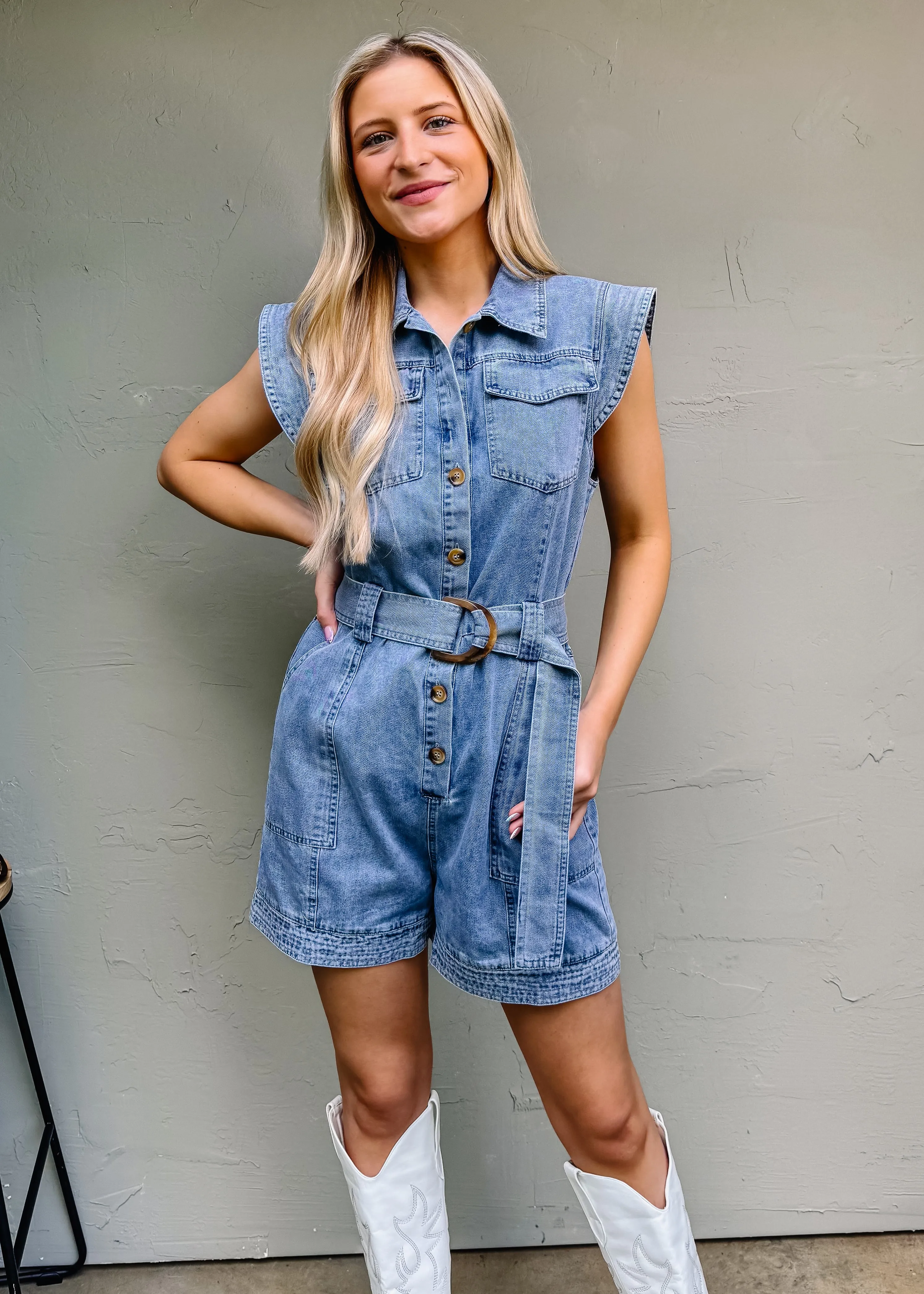 KARLIE: Denim Belted Romper