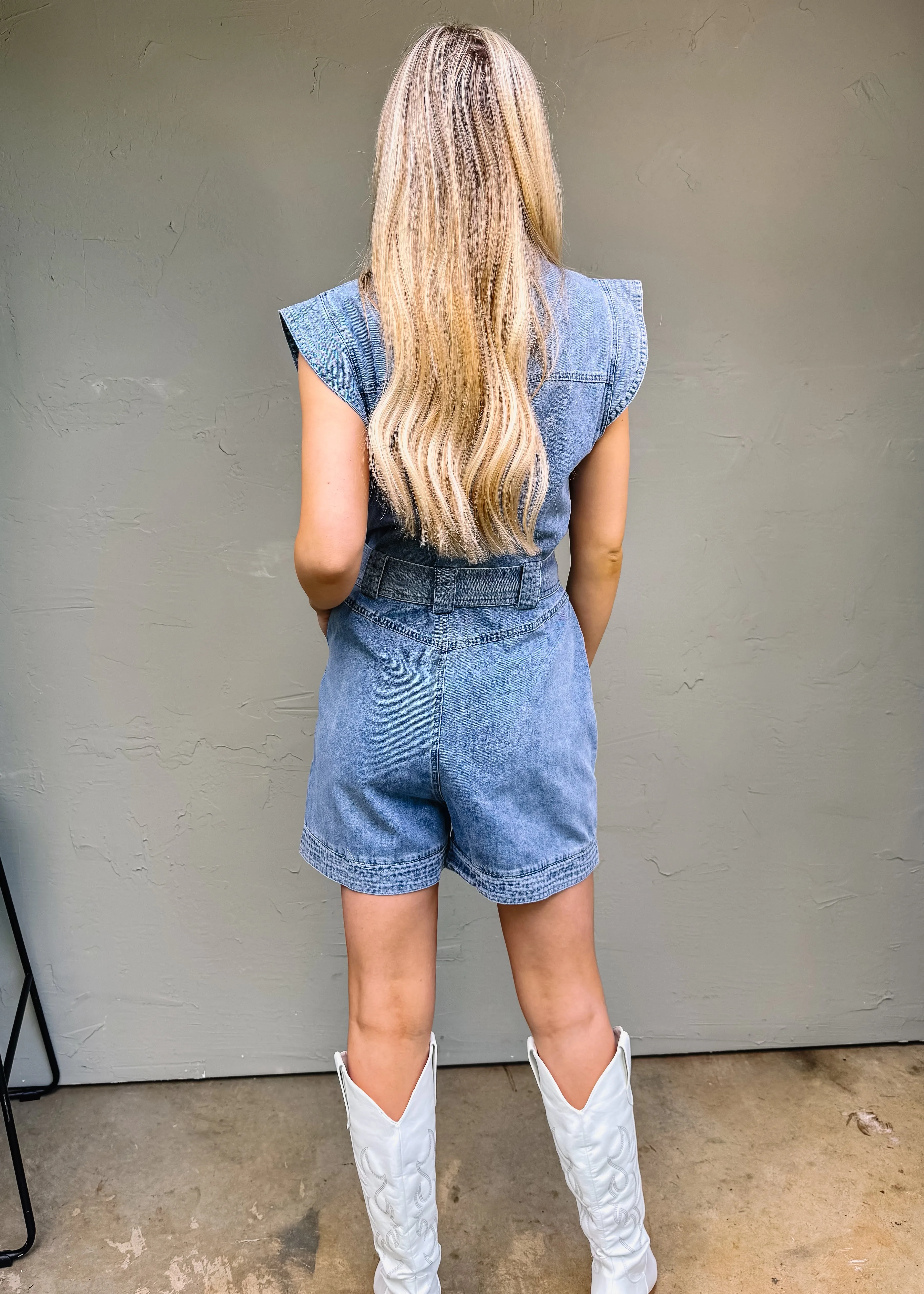 KARLIE: Denim Belted Romper