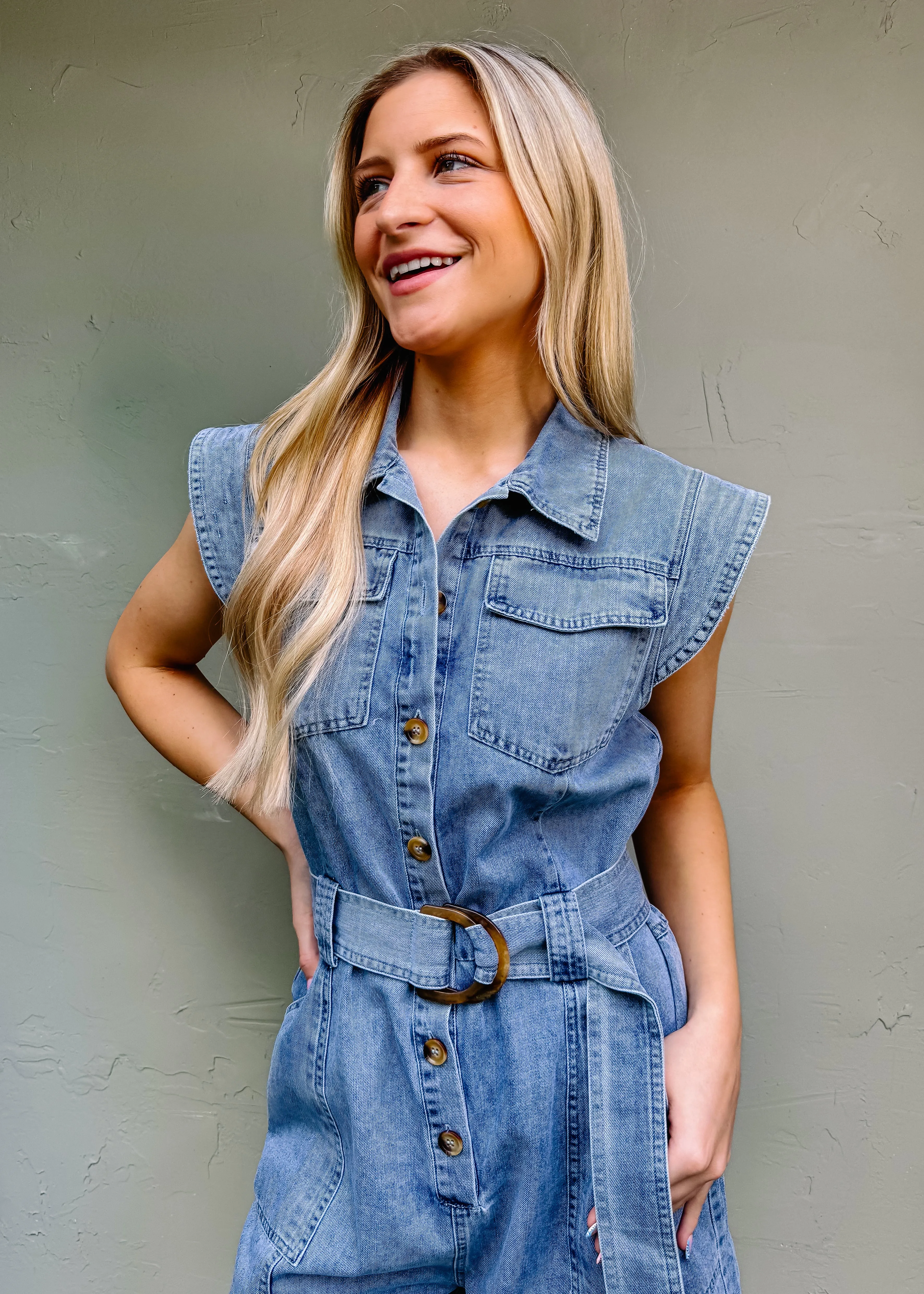 KARLIE: Denim Belted Romper