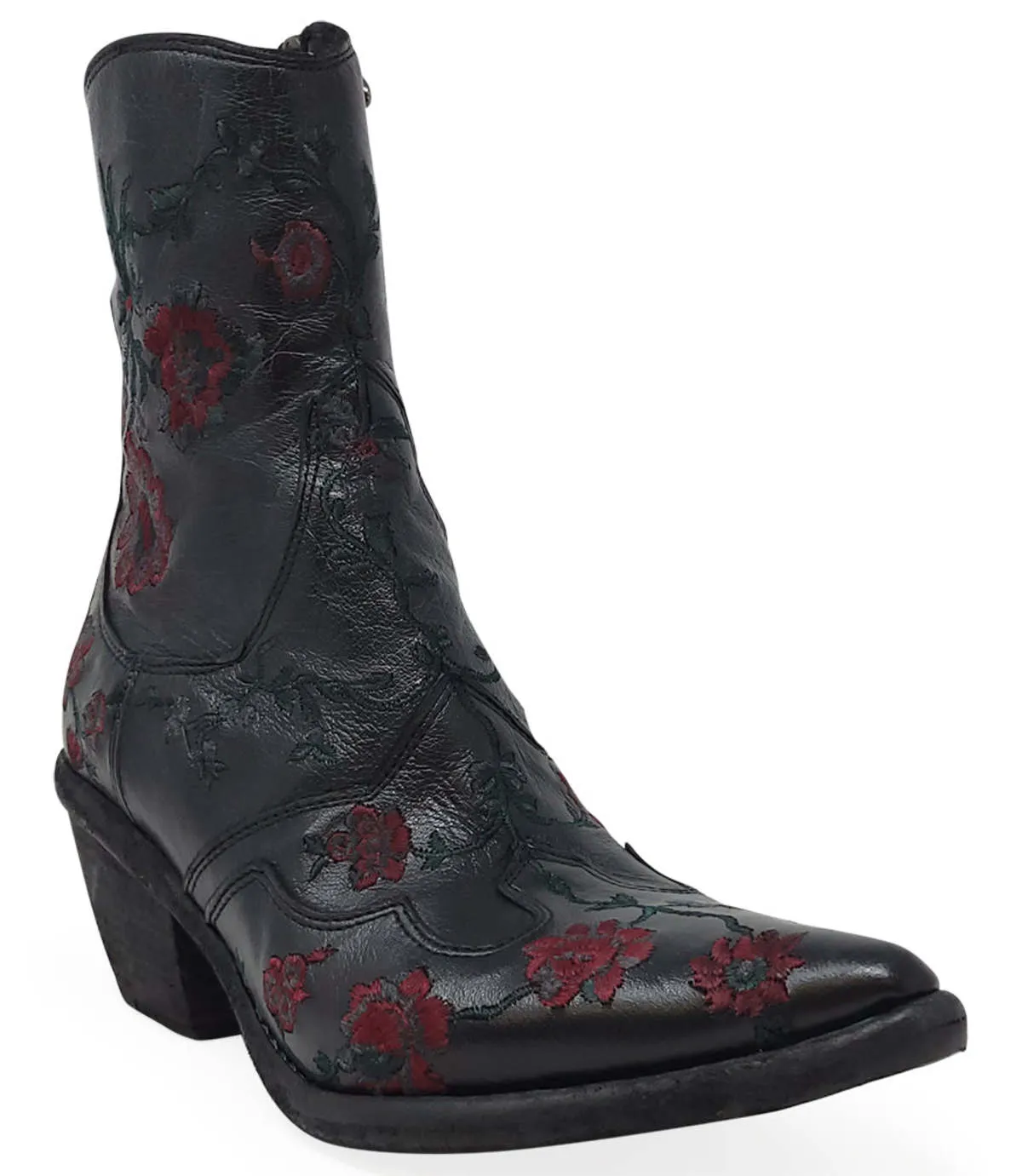 MADISON MAISON LEATHER EMBROIDERED ANKLE BOOT - BLACK 