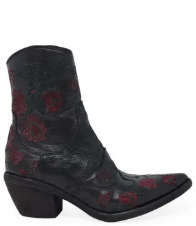 MADISON MAISON LEATHER EMBROIDERED ANKLE BOOT - BLACK 