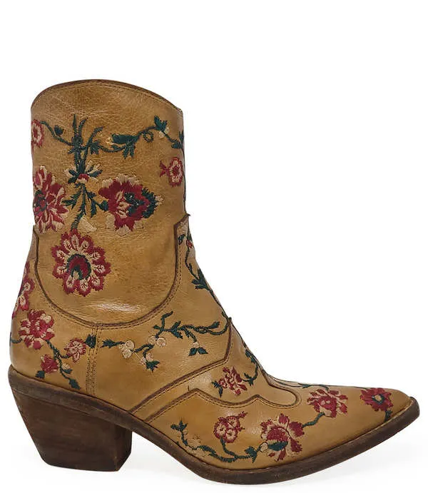 MADISON MAISON LEATHER EMBROIDERED ANKLE BOOT - TAN 