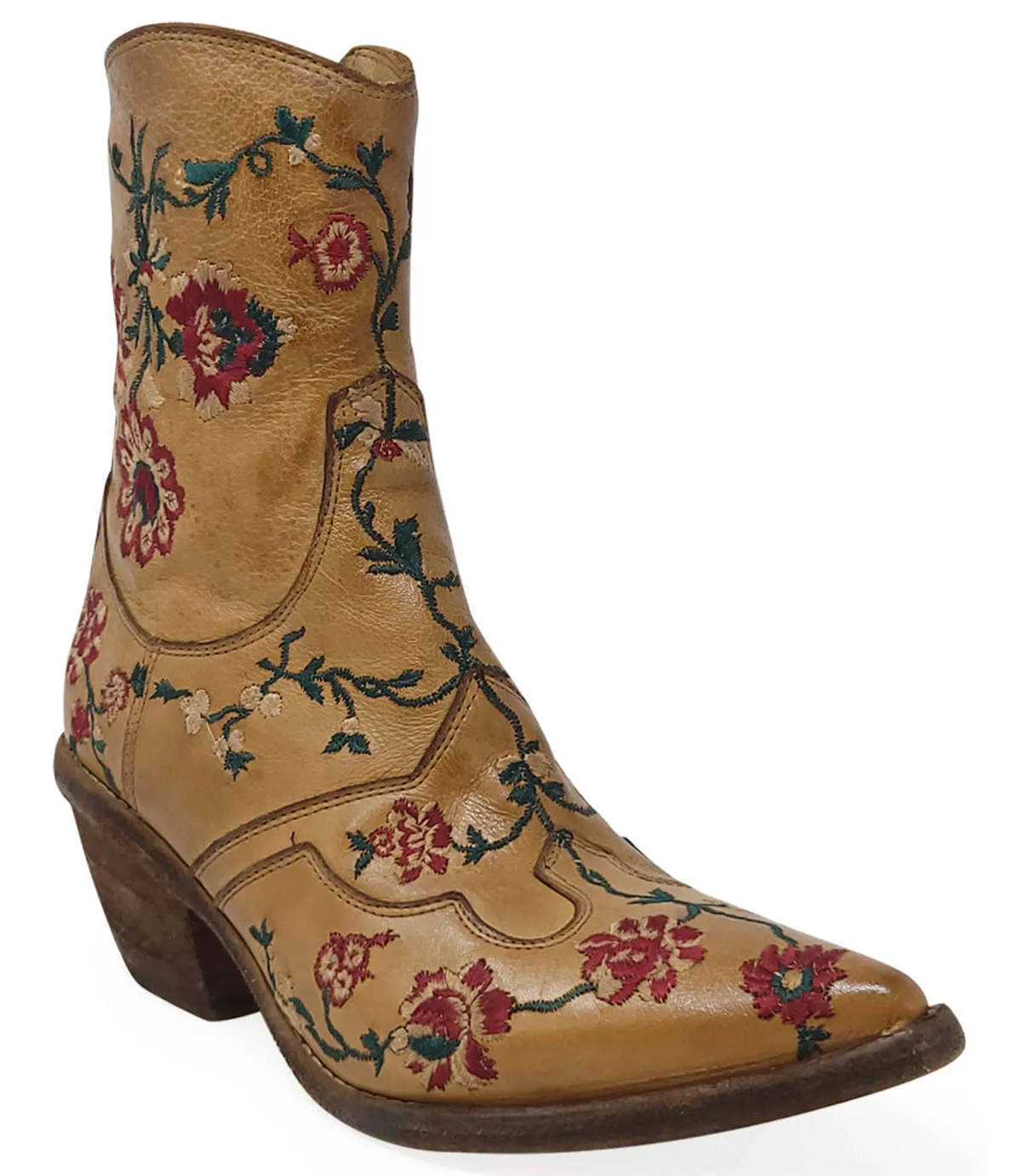 MADISON MAISON LEATHER EMBROIDERED ANKLE BOOT - TAN 