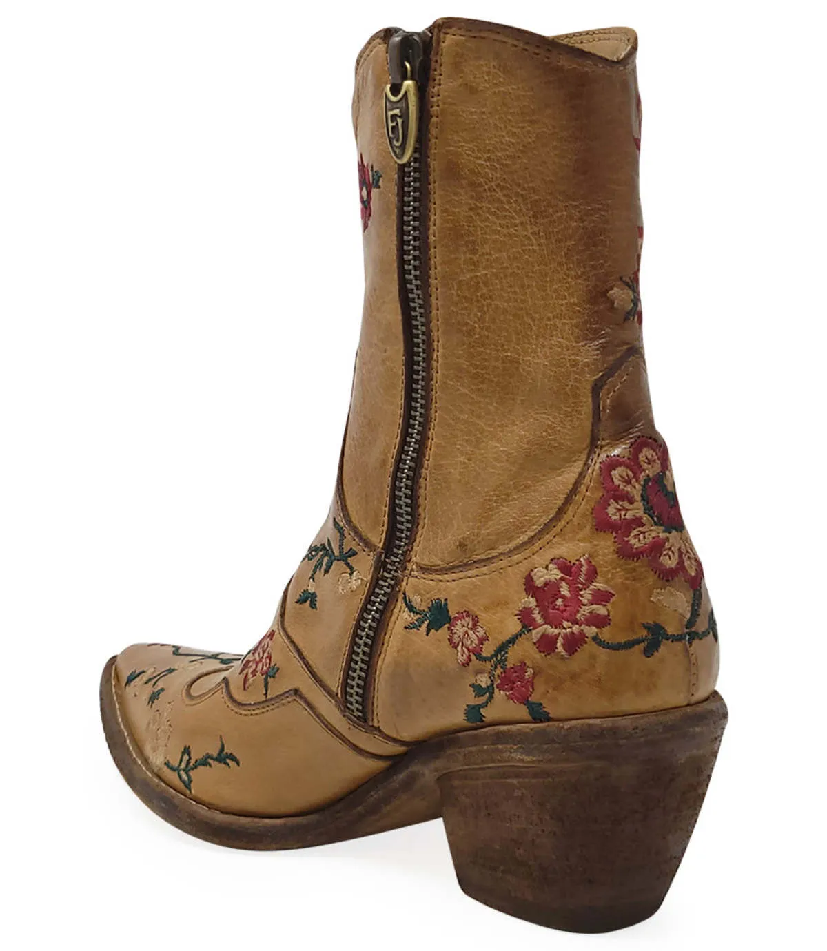 MADISON MAISON LEATHER EMBROIDERED ANKLE BOOT - TAN 