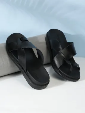 Men's Black Leather Toe Loop Sandals