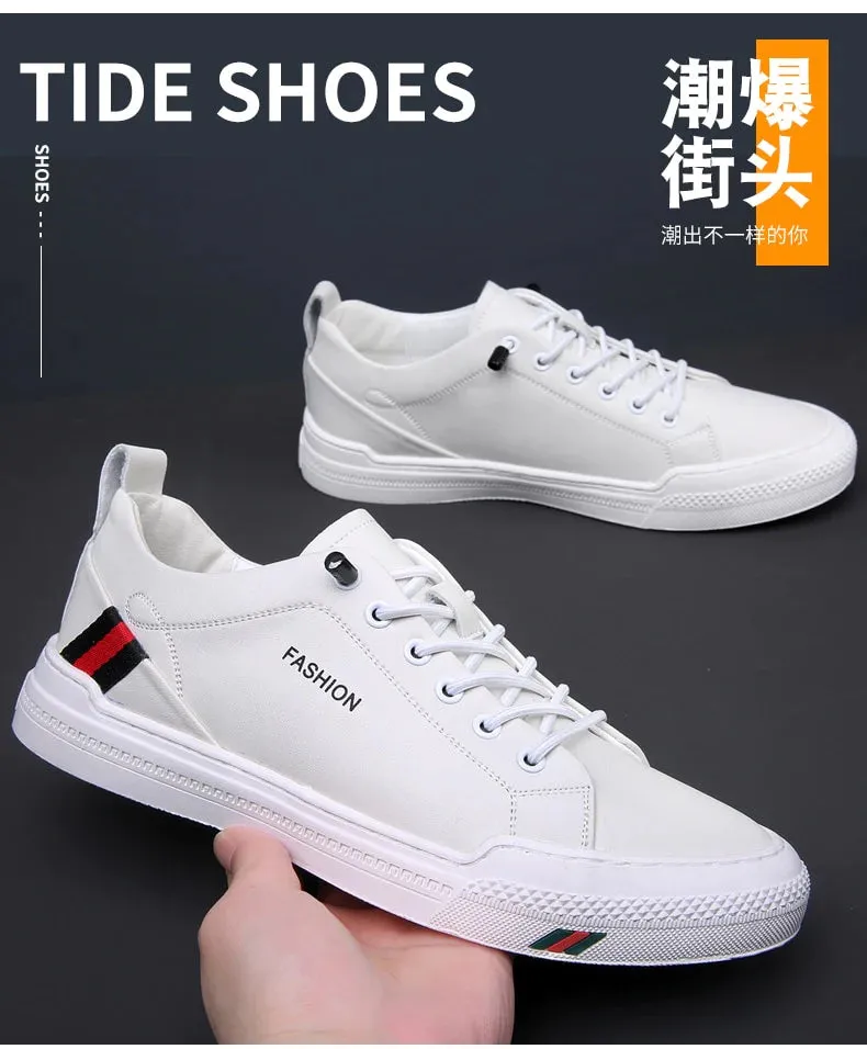 Men's Casual Synthetic Leather Striped Pattern Soft Sole Slip On Sneakers