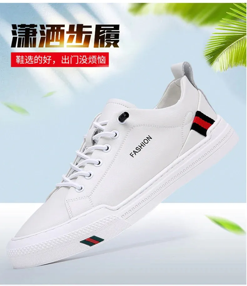 Men's Casual Synthetic Leather Striped Pattern Soft Sole Slip On Sneakers