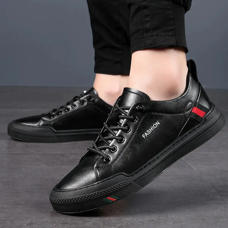 Men's Casual Synthetic Leather Striped Pattern Soft Sole Slip On Sneakers