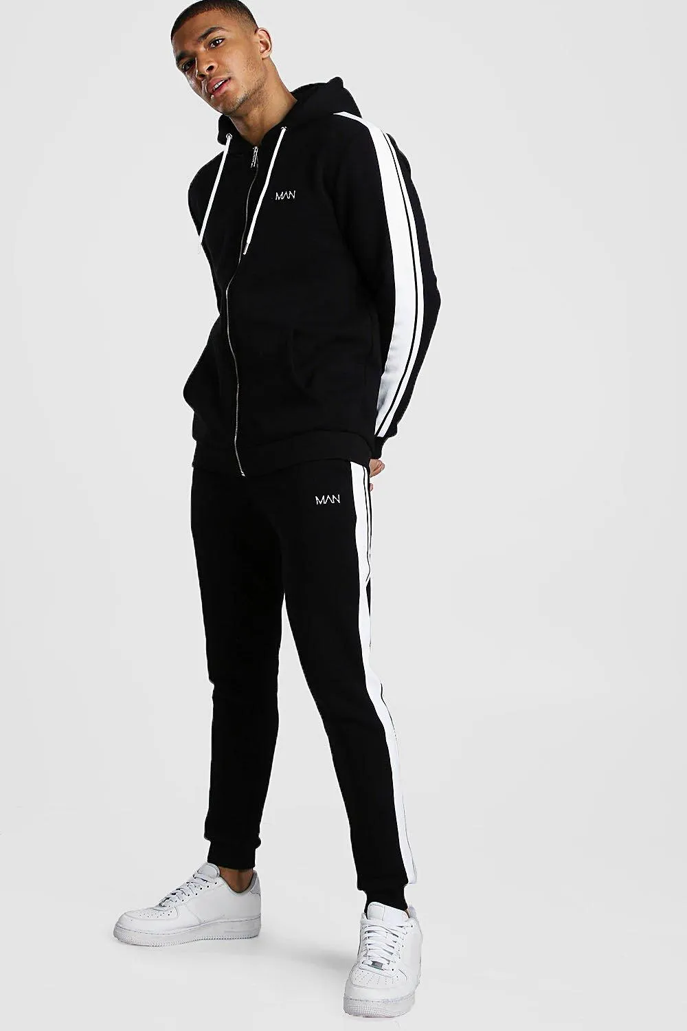 Original MAN Zip Hooded Tracksuit With Tape Detail | boohooMAN UK