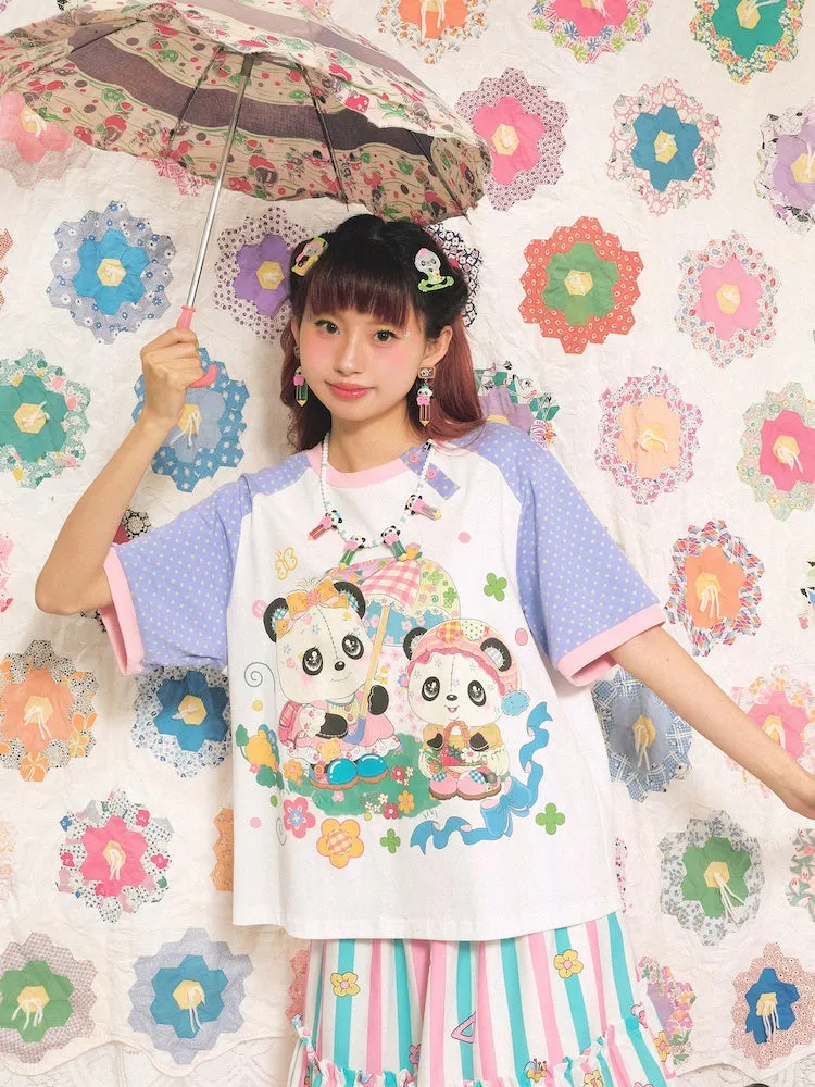 Panda Umbrella Print Short-sleeved Loose T-shirt