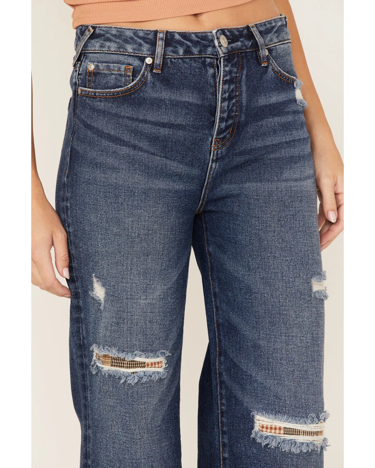 Product Name:  Cleo + Wolf Women's Medium Wash High Rise Patchwork Distressed Straight Jeans