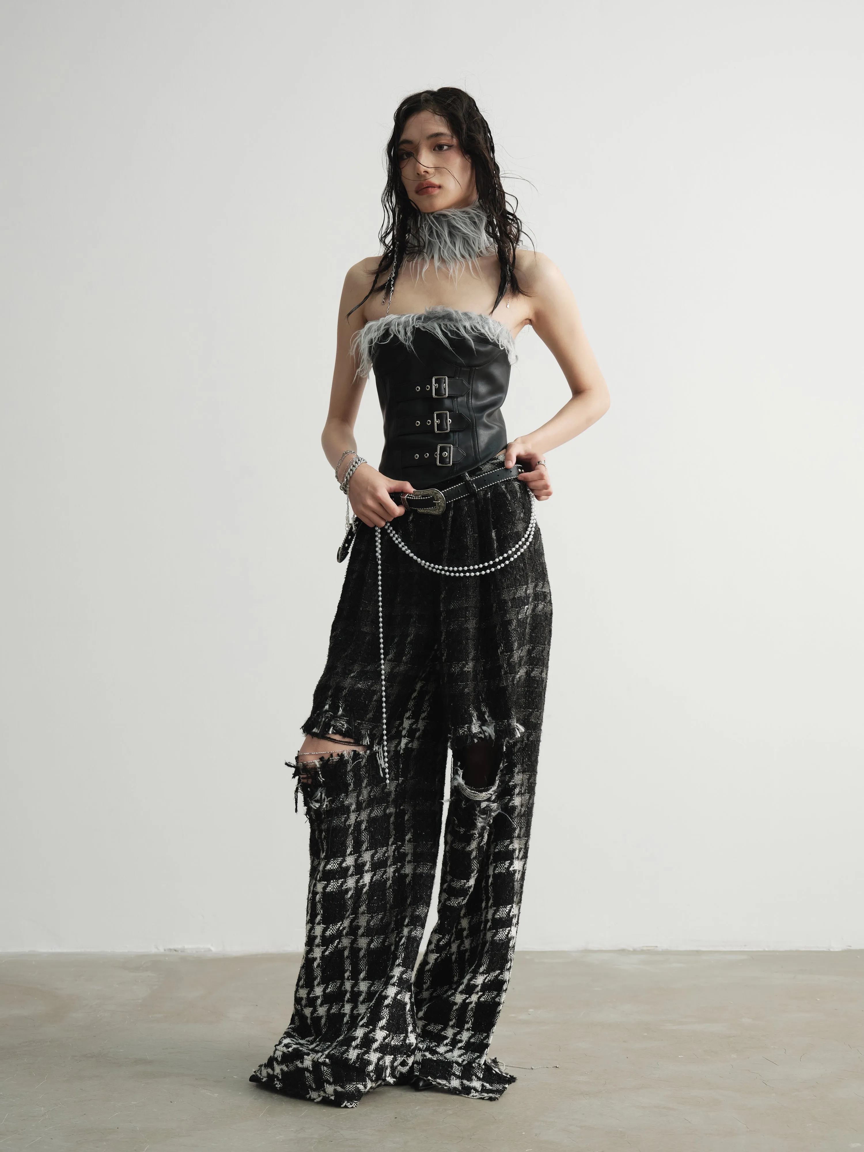 Punk Heavy Sense Raw Edge Gradient Wide Leg Plaid Trousers